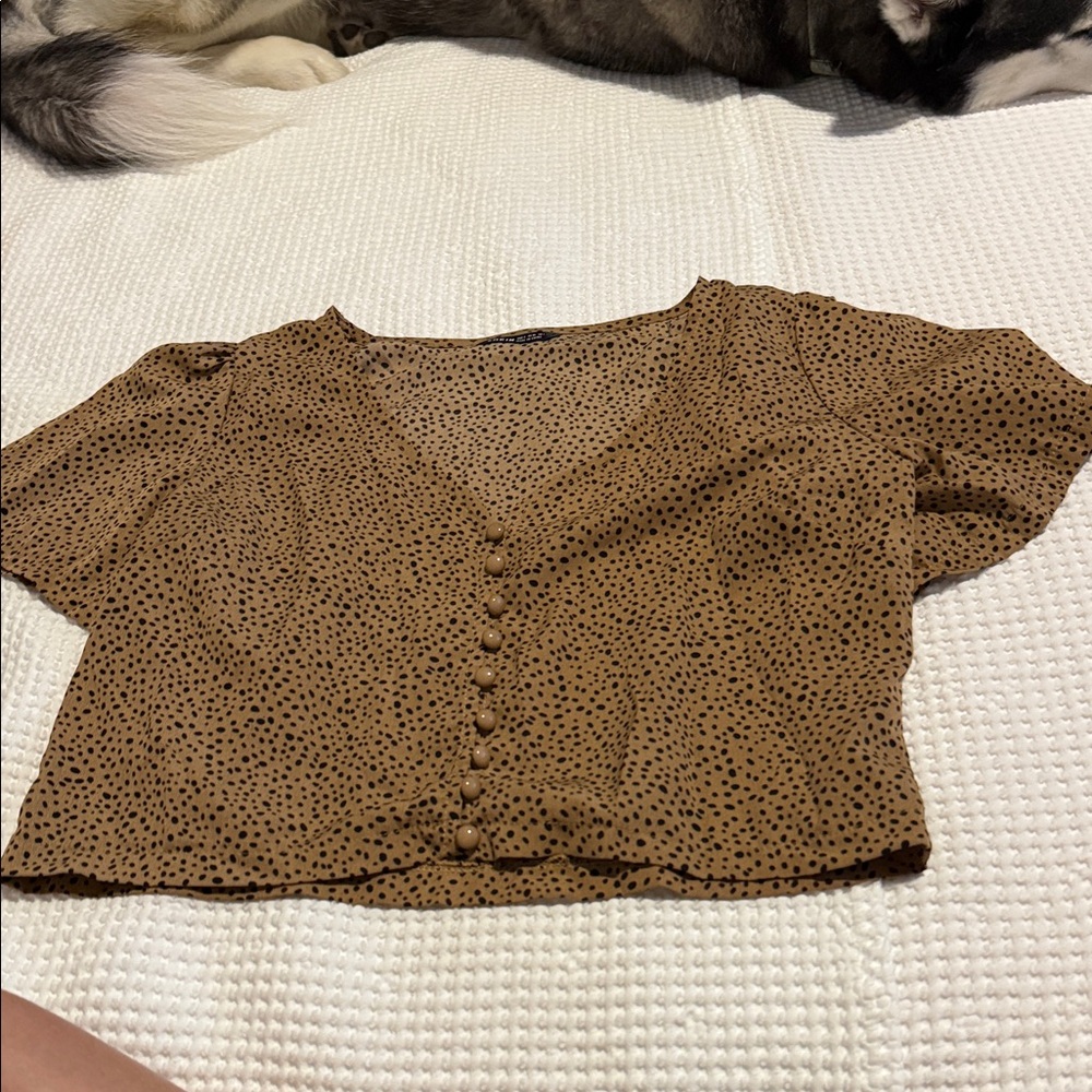 SHEIN Brown Dotted Button-Up Blouse